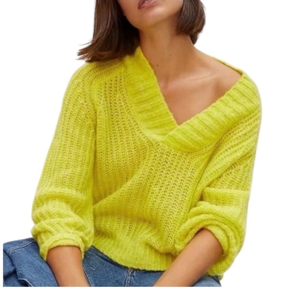 Anthropologie Sweater Women Small Yellow Neon Honore Ribbed Wool Blend Preppy‎